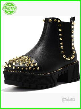 Edgy Spiky Platform Combat Boots with Studs, Pull-On Style, Round Toe, Block